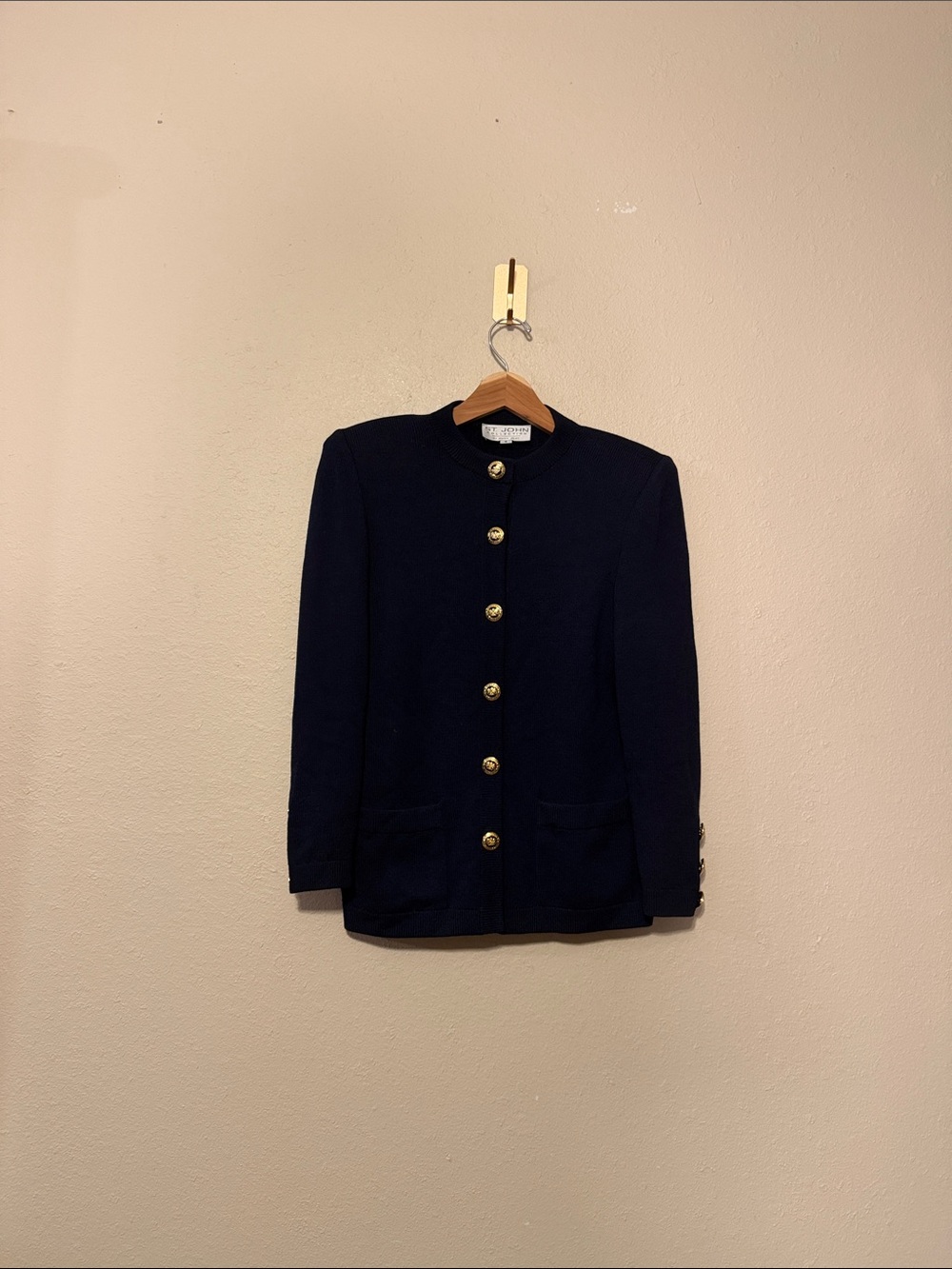 St John Collection Navy Blue Santana Knit Nautical Blazer Jacket Gold Buttons